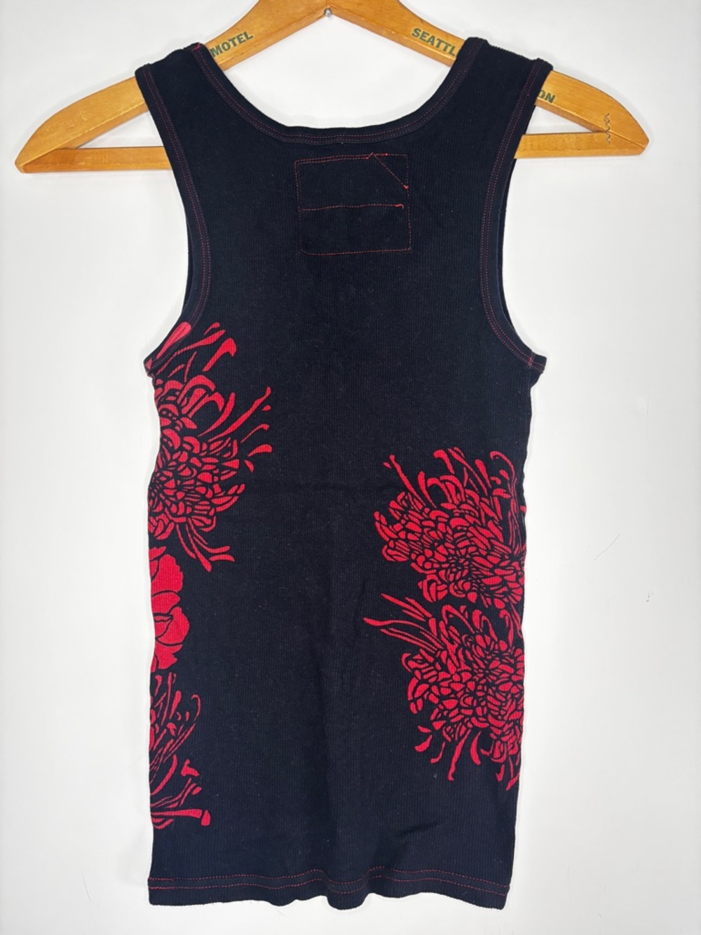 Vintage Y2K Black Ribbed Tank Top with Red Floral Print, Old Navy -S- - Picture 2 of 7